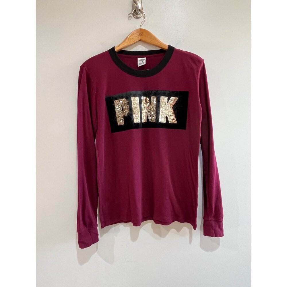 Pink Victoria's Secret Sequin/Velvet T-Shirt Womens M Burgundy Long Sleeve - Picture 1 of 8
